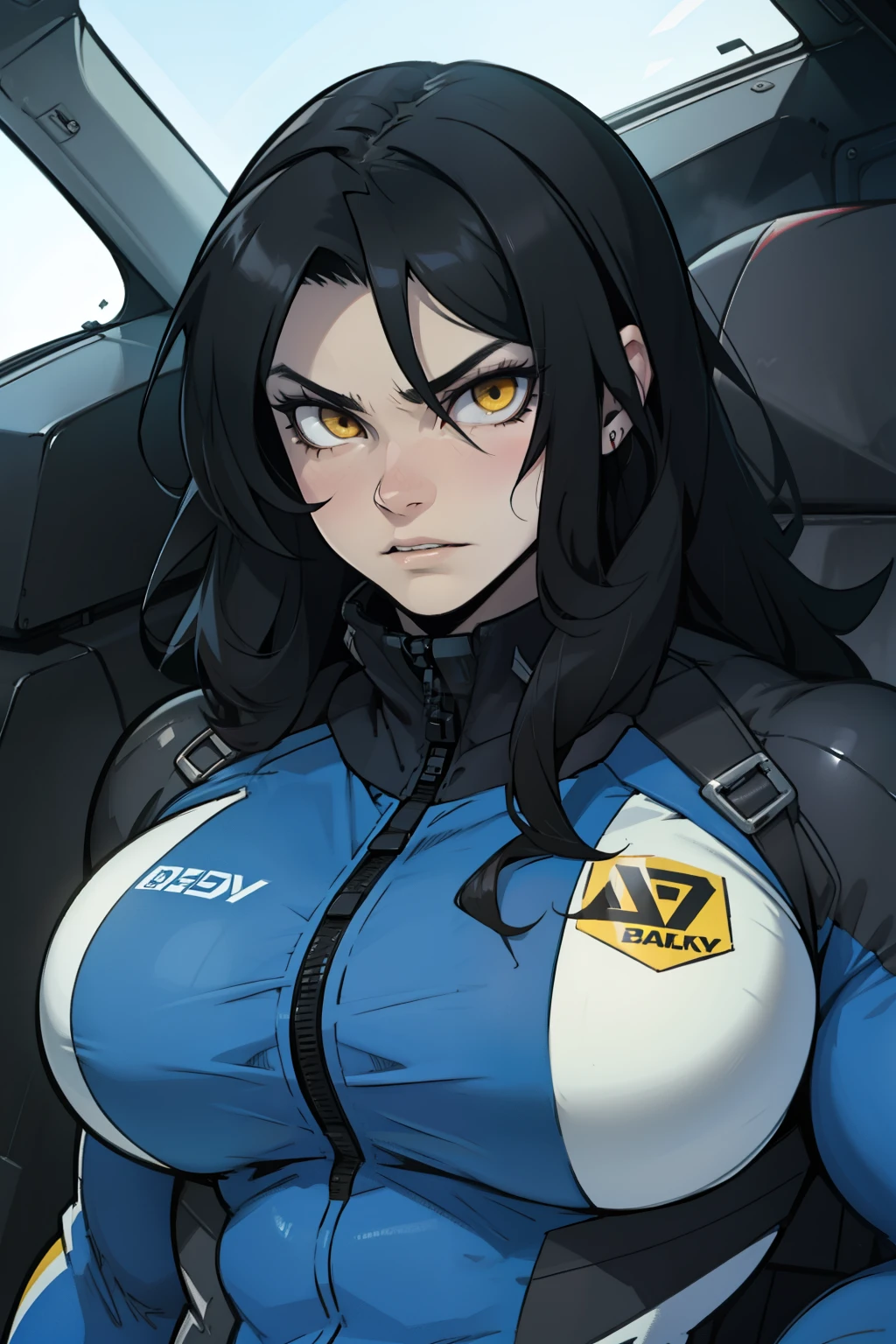 1 girl, black hair, yellow eyes, very long hair, pale skin, ((((extremely muscular)))), large breasts, (confident expression), pilot suit, close up