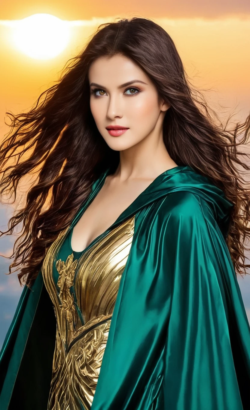 nanx, An angel wearing clothes in the petrol color, cloudy sky, new, mantea, hooded cloak, lighting sun, Golden armor and petrol color, magnificent, comely, magica, heavenly, long hair, picture frame.