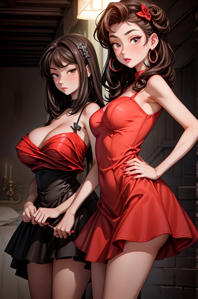 (8K HDR photorealistic pic), Betty Boop, short, althetic, curvy lady, ((tight little red dress)), dark eyebrows, black lipstick, (hoop earrings), dark eyeshadow, black lipstick, curvy, busty, (curly short black hair), shortstack, (retroussé breasts), darling figure, (supple pouting breasts), firm thighs, hourglass figure, kerchief, big brown eyes, dancing seductively