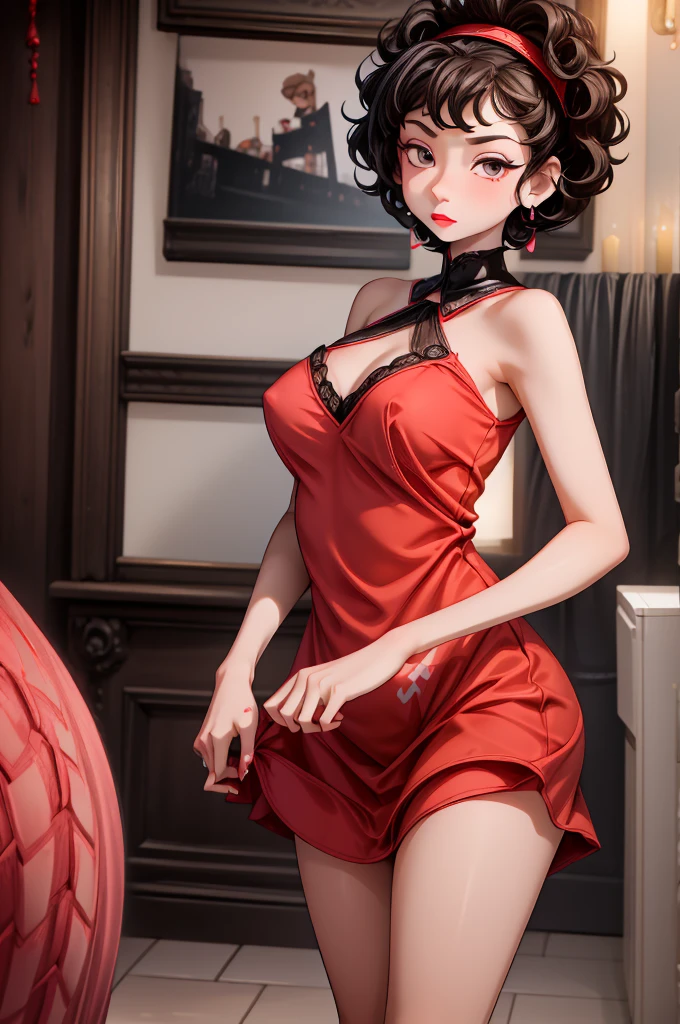 (8K HDR photorealistic pic), Betty Boop, short, althetic, curvy lady, ((tight little red dress)), dark eyebrows, black lipstick, (hoop earrings), dark eyeshadow, black lipstick, curvy, busty, (curly short black hair), shortstack, (retroussé breasts), darling figure, (supple pouting breasts), firm thighs, hourglass figure, kerchief, big brown eyes, dancing seductively