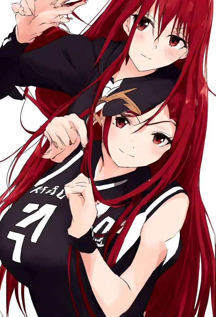 anime girl with red long hair and black shirt posing for a picture, Generate an image of Erza Scarlet from 'Fairy Tail' dressed in the Karasuno High School volleyball team uniform from 'Haikyuu!!', complete with the number 1 on her jersey. She should be standing confidently on a volleyball court."