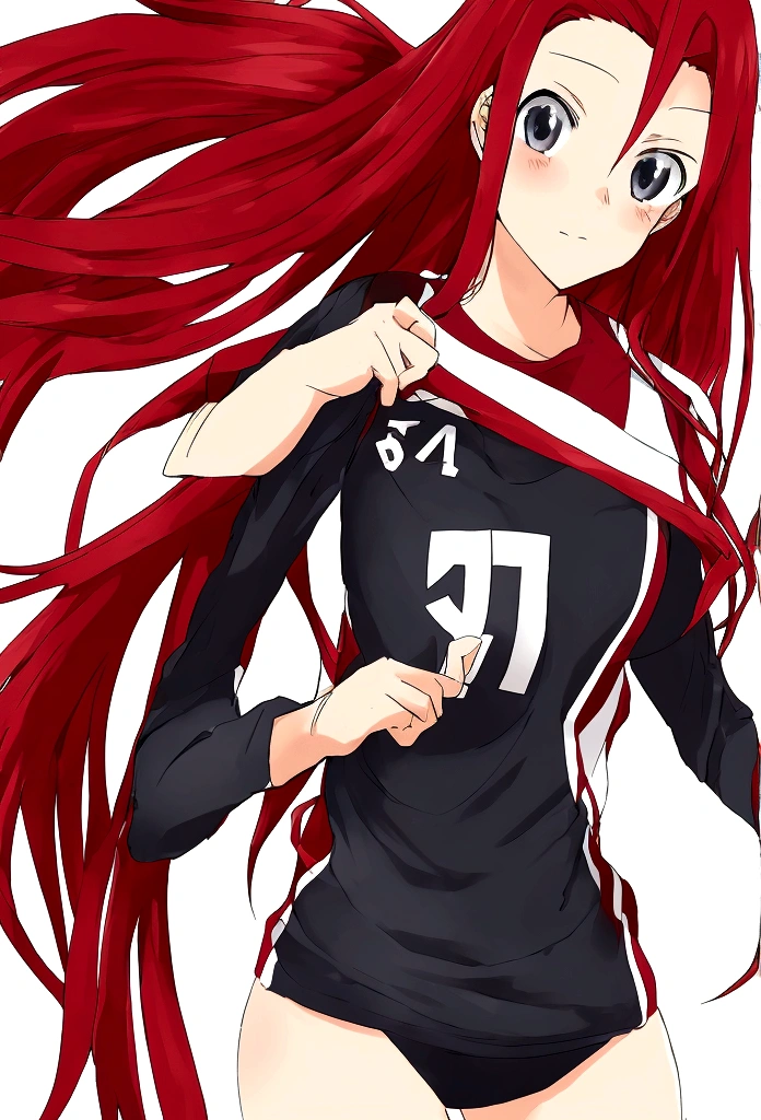 anime girl with red long hair and black shirt posing for a picture, Generate an image of Erza Scarlet from 'Fairy Tail' dressed in the Karasuno High School volleyball team uniform from 'Haikyuu!!', complete with the number 1 on her jersey. She should be standing confidently on a volleyball court."