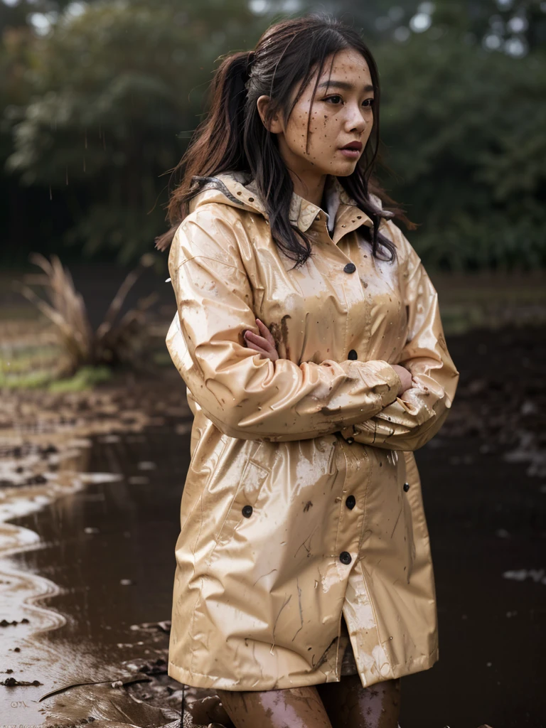 a beautiful young asian woman wearing a pink buttoned raincoat, her clothes and raincoat covered in mud, walking through a muddy field, (best quality,4k,8k,highres,masterpiece:1.2),ultra-detailed,(realistic,photorealistic,photo-realistic:1.37),HDR,UHD,studio lighting,ultra-fine painting,sharp focus,physically-based rendering,extreme detail description,professional,vivid colors,bokeh,portrait,realistic,photographic,natural lighting,muddy environment,rainy day