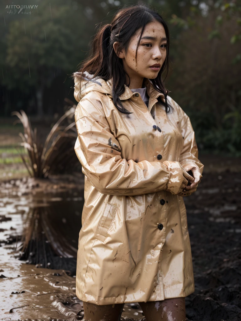 a beautiful young asian woman wearing a pink buttoned raincoat, her clothes and raincoat covered in mud, walking through a muddy field, (best quality,4k,8k,highres,masterpiece:1.2),ultra-detailed,(realistic,photorealistic,photo-realistic:1.37),HDR,UHD,studio lighting,ultra-fine painting,sharp focus,physically-based rendering,extreme detail description,professional,vivid colors,bokeh,portrait,realistic,photographic,natural lighting,muddy environment,rainy day