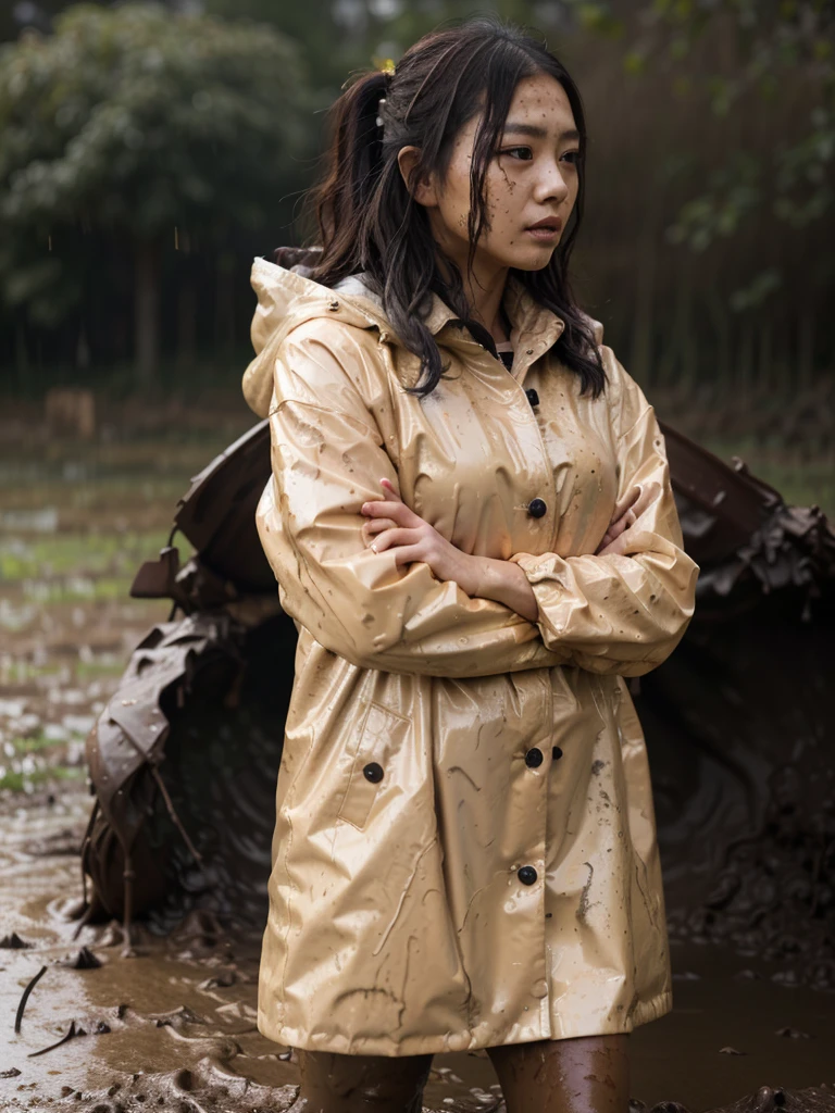 a beautiful young asian woman wearing a pink buttoned raincoat, her clothes and raincoat covered in mud, walking through a muddy field, (best quality,4k,8k,highres,masterpiece:1.2),ultra-detailed,(realistic,photorealistic,photo-realistic:1.37),HDR,UHD,studio lighting,ultra-fine painting,sharp focus,physically-based rendering,extreme detail description,professional,vivid colors,bokeh,portrait,realistic,photographic,natural lighting,muddy environment,rainy day