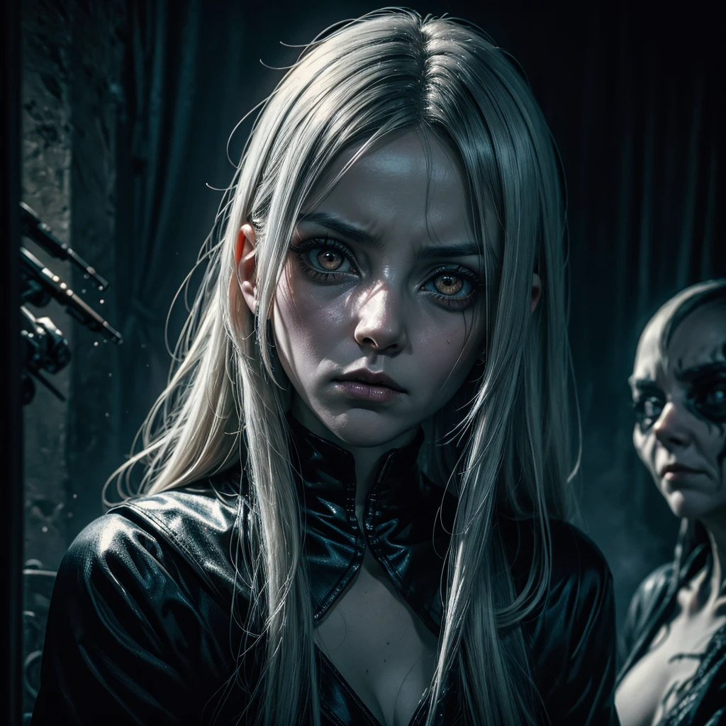 A ghostly woman with white eyes looks towards the camera with a sinister and tormented gaze, the scene appears dark and mysterious, generating anxiety