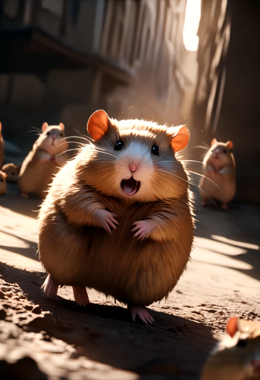 a scared hamster running away,hamster,rodent,animal,scared expression,motion blur,detailed fur texture,dynamic composition,dramatic lighting,cinematic color grading,highly detailed,photorealistic,8k,masterpiece