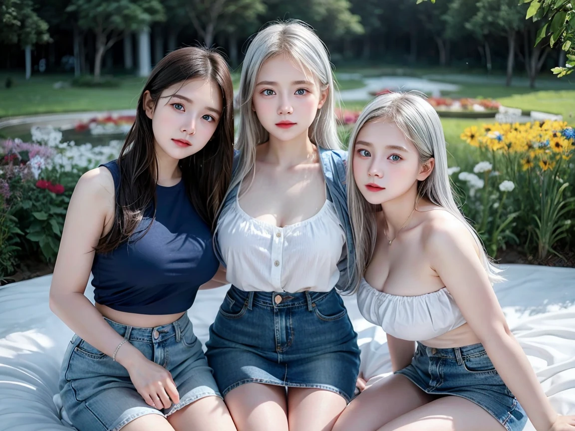 (3 girls), Indonesian baby face, 12 years, white skin, Round breast, blue eyes, meadow, silver hair, 8K, The details are very realistic...., The best of photography Wear a jeans skirt....