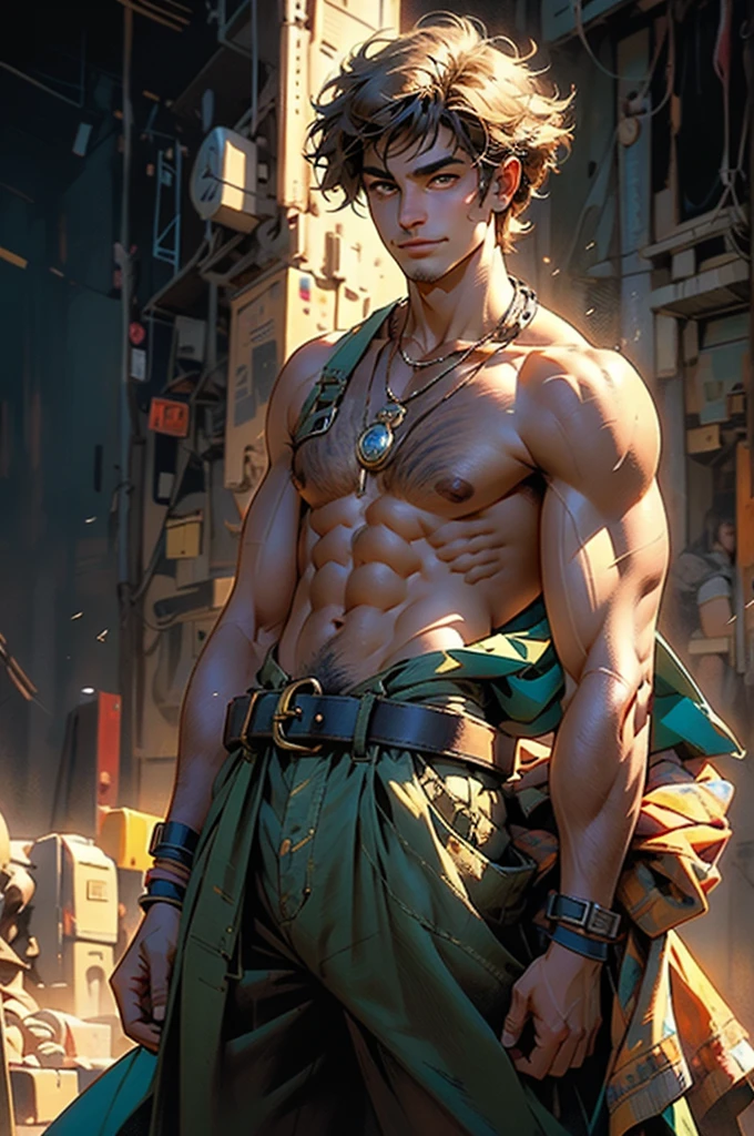 (masterpiece:1.2, best quality, Extremely refined), Man with short brown hair,nude， short hair, Bronzed skin, a handsome face, Deep eyes, Wild smile, ((topless, manly)), There is stubble on the chin, Wearing a necklace with fangs, muscular, fantasy realistic style necklace, There is a cloth belt tied around the arm, Yellow belt, green overalls, Standing on the endless coastline, This character embodies a carefully crafted fantasy-reality style thief in the anime style, Exquisite and mature comic art style, Dramatic, HD, High resolution, Super detailed, Ultra-fine coating, professional, Perfect body proportions, golden ratio, anatomically correct, symmetrical face, Extremely detailed eyes and face, high quality eyes, creativity, original photo, 超HD, 32k, Natural light, movie lighting, masterpiece-anatomy-perfect