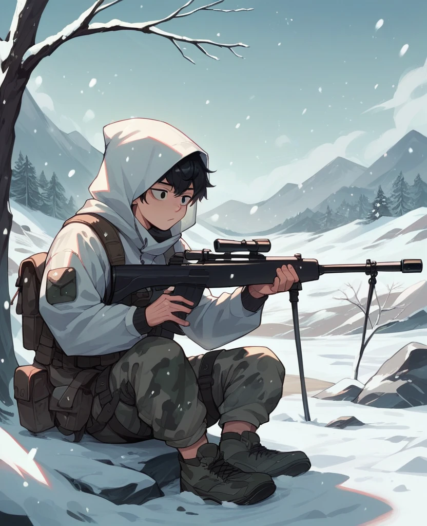  boy, short black hair, stylized eyes, wearing military snow camouflage clothing, wearing white hood, holding a sniper rifle, with a cold and calculating face, with a sitting position in the snow, Snowing scenery.