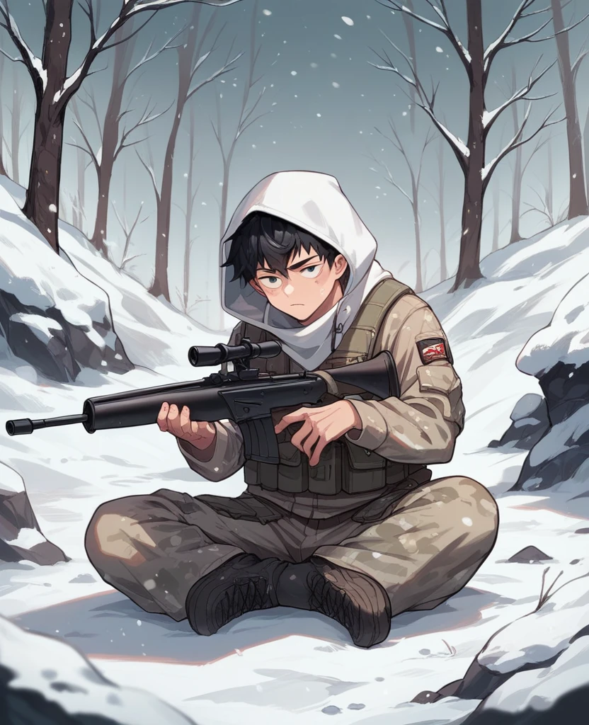 age boy, short black hair, stylized eyes, wearing military snow camouflage clothing, wearing white hood, holding a sniper rifle, with a cold and calculating face, with a sitting position in the snow, Snowing scenery.