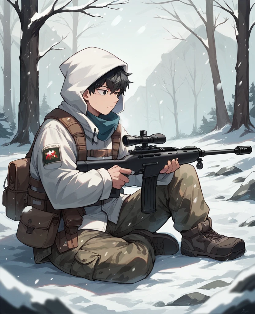 age boy, short black hair, stylized eyes, wearing military snow camouflage clothing, wearing white hood, holding a sniper rifle, with a cold and calculating face, with a sitting position in the snow, Snowing scenery.