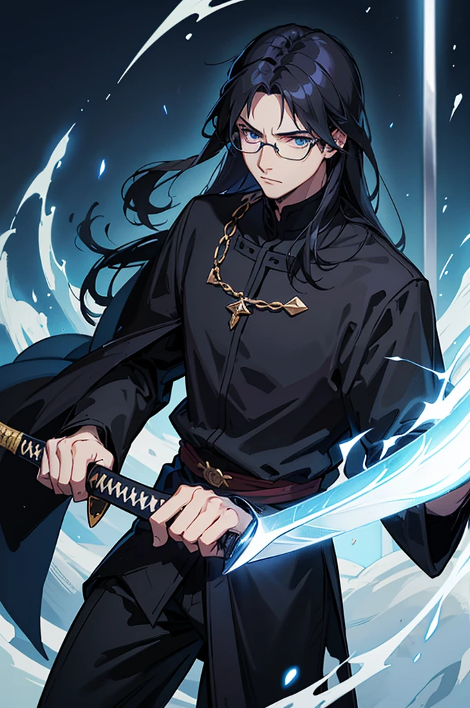 a man with glasses, long black hair wizard, dark blue eyes, wear blue and black wizard clothes, young magician, adventurous, use a katana sword, Intellectual, cold personality, medieval city background, estilo anime isekai