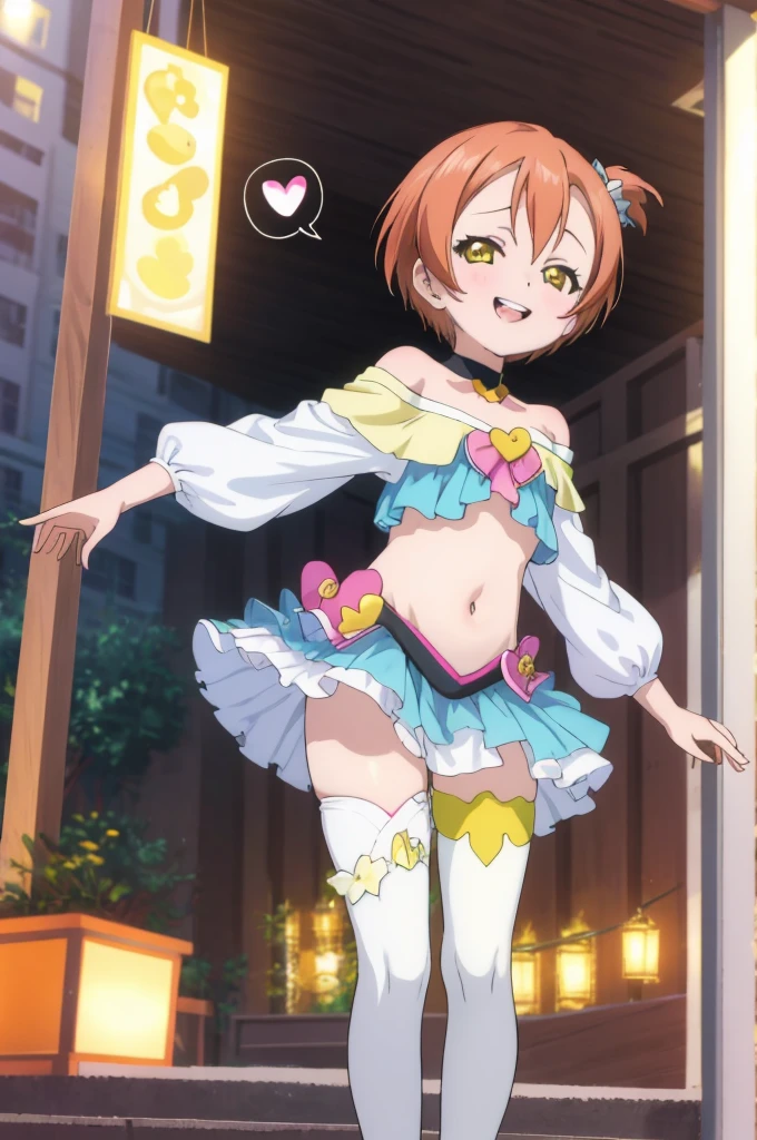 ,girl,happy,smile,,rin hoshizora ,open mouth,,looking viewer,,spoken heart,,(petite),flat chest,grin,outdoor,idol costume,navel,off shoulder,thighhighs