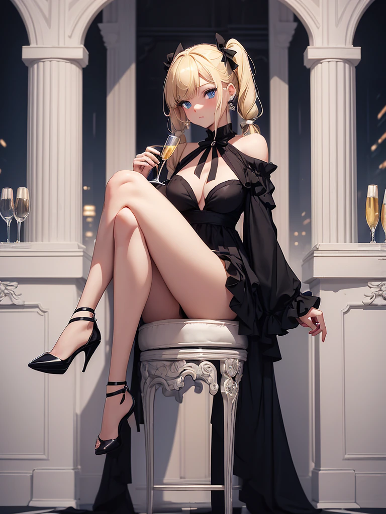 an  girl, She has two pigtails falling over her shoulders, decorated with black ribbons, SHE HAS BLONDE HAIR, blue eyes and a very elegant black dress for a gala dinner with a cut that allows her to show her leg, wears beautiful evening makeup, He is at a gala party having a glass of champagne, full body image