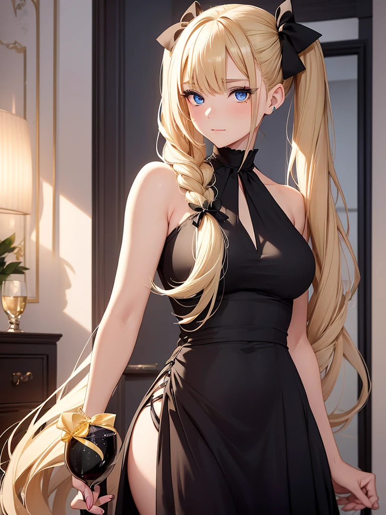 an adult girl, She has two pigtails falling over her shoulders, decorated with black ribbons, SHE HAS BLONDE HAIR, blue eyes and a very elegant black dress for a gala dinner with a cut that allows her to show her leg, wears beautiful evening makeup, He is at a gala party having a glass of champagne, full body image