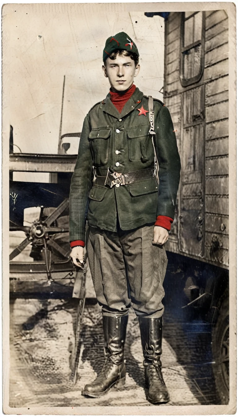 Year 1939, Young man -18 years , Dark green jacket, red turtleneck, The jacket has a red four-pointed star on the lapel., wearing a black vest, Wearing light green M35 Harovari pants., Military boots, Wear a Soviet Pilotka Cap.(clamp cap) There is a red star attached to it..., Eastern Slavic faces(Soviet Union), Soviet Union, World War II, ww2 old pictures, ww2 military camp, 8K, Masterpiece, best quality, perfect face,