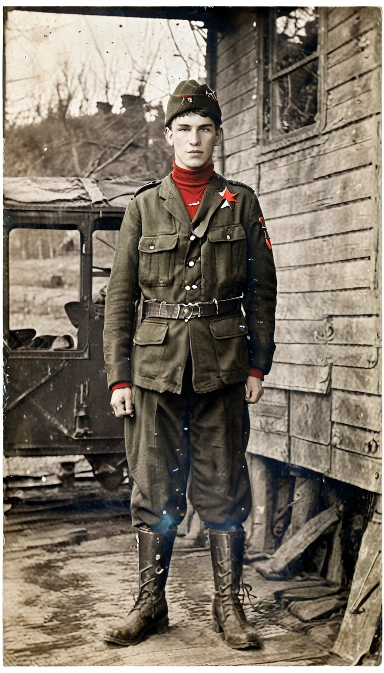 Year 1939, Young man -18 years , Dark green jacket, red turtleneck, The jacket has a red four-pointed star on the lapel., wearing a black vest, Wearing light green M35 Harovari pants., Military boots, Wear a Soviet Pilotka Cap.(clamp cap) There is a red star attached to it..., Eastern Slavic faces(Soviet Union), Soviet Union, World War II, ww2 old pictures, ww2 military camp, 8K, Masterpiece, best quality, perfect face,