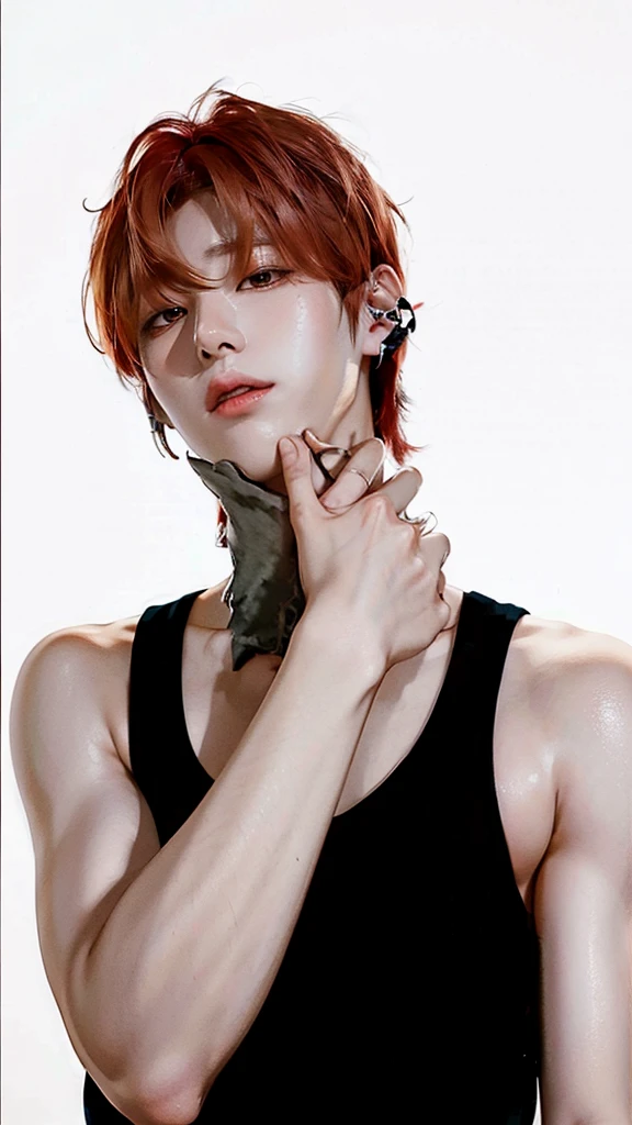 Yangyang from wayv, wearing a black t-shirt and red hair 
