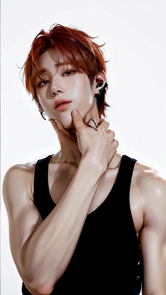 Yangyang from wayv, wearing a black t-shirt and red hair
