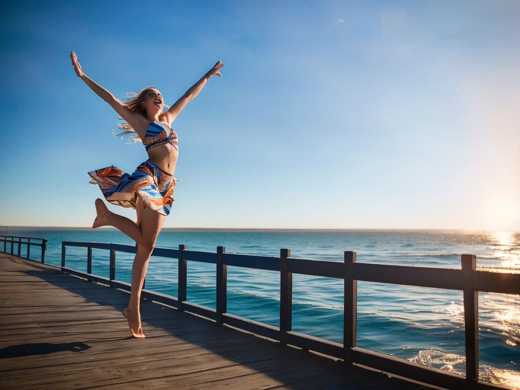 araffe woman standing on a pier with her arms outstretched in the air, girl dancing on cliff, leaping with arms up, beautiful view, jumping for joy, beautiful views, leaping into the air, dancing on the beach, karolina cummings, stunning visual, beautiful daylight, artistic interpretation, by Niko Henrichon, in a jumping float pose