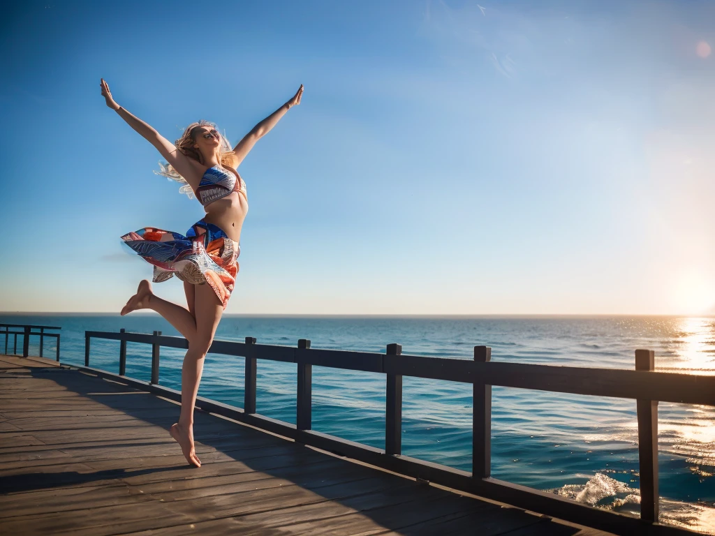 araffe woman standing on a pier with her arms outstretched in the air, girl dancing on cliff, leaping with arms up, beautiful view, jumping for joy, beautiful views, leaping into the air, dancing on the beach, karolina cummings, stunning visual, beautiful daylight, artistic interpretation, by Niko Henrichon, in a jumping float pose