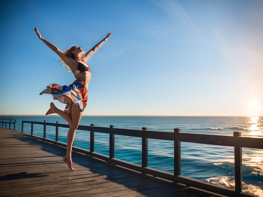 araffe woman standing on a pier with her arms outstretched in the air, girl dancing on cliff, leaping with arms up, beautiful view, jumping for joy, beautiful views, leaping into the air, dancing on the beach, karolina cummings, stunning visual, beautiful daylight, artistic interpretation, by Niko Henrichon, in a jumping float pose