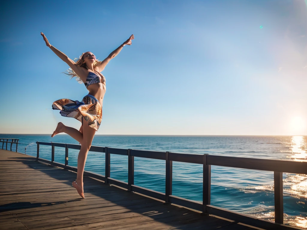 araffe woman standing on a pier with her arms outstretched in the air, girl dancing on cliff, leaping with arms up, beautiful view, jumping for joy, beautiful views, leaping into the air, dancing on the beach, karolina cummings, stunning visual, beautiful daylight, artistic interpretation, by Niko Henrichon, in a jumping float pose