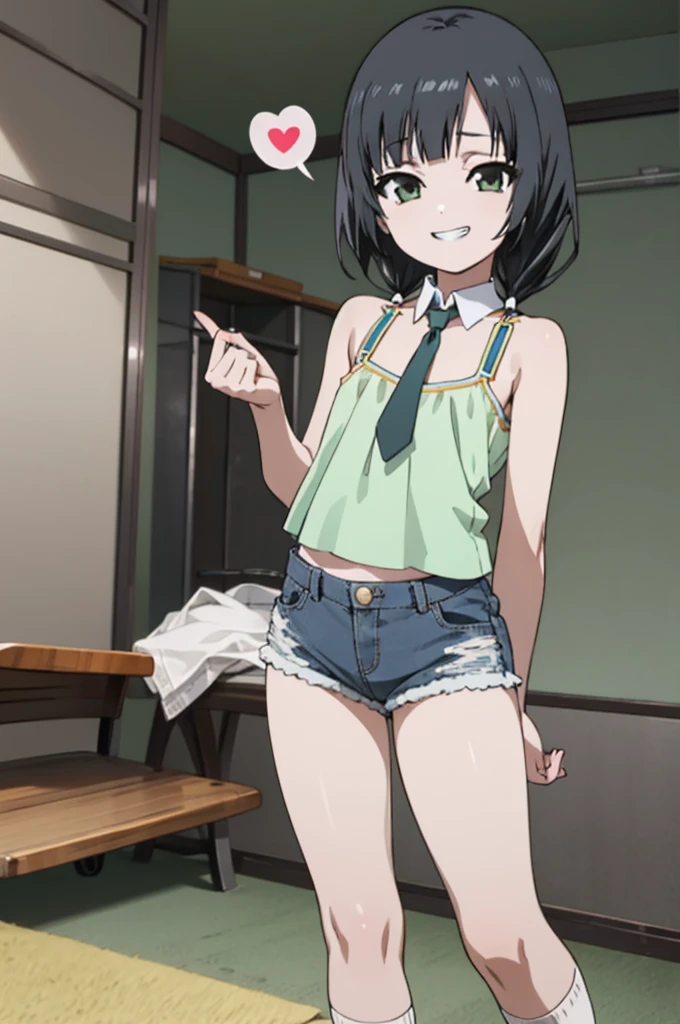 solo, 1girl, looking at viewer, , ema yasuhara, shirt, necktie, smile,,looking viewer,,spoken heart,***,(petite),flat chest,grin,camisole,denim shorts,socks,indoor