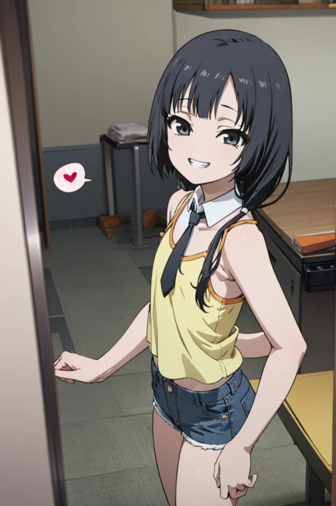 solo, 1girl, looking at viewer, , ema yasuhara, shirt, necktie, smile,,looking viewer,,spoken heart,***,(petite),flat chest,grin,camisole,denim shorts,socks,indoor