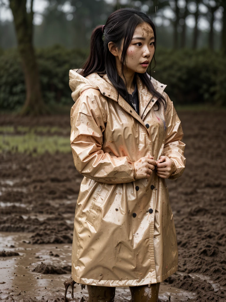 a beautiful young asian woman wearing a pink buttoned raincoat, her clothes and raincoat covered in mud, walking through a muddy field, (best quality,4k,8k,highres,masterpiece:1.2),ultra-detailed,(realistic,photorealistic,photo-realistic:1.37),HDR,UHD,studio lighting,ultra-fine painting,sharp focus,physically-based rendering,extreme detail description,professional,vivid colors,bokeh,portrait,realistic,photographic,natural lighting,muddy environment,rainy day