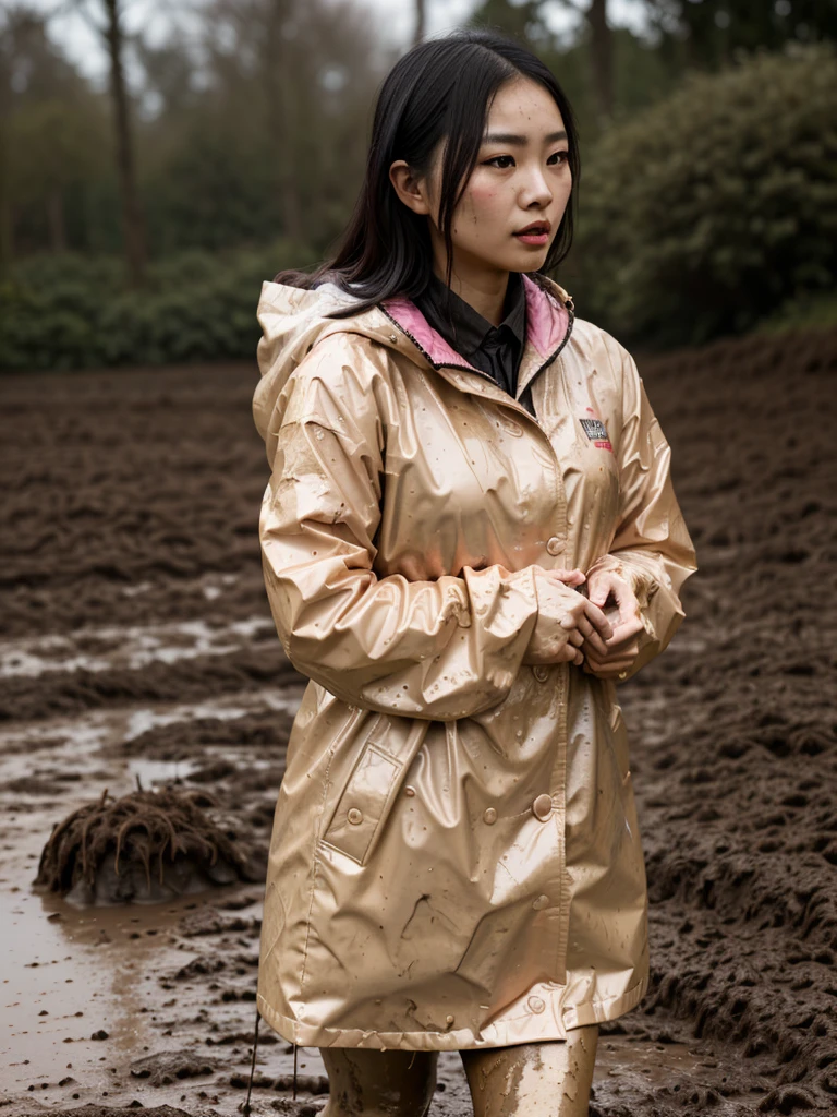 a beautiful young asian woman wearing a pink buttoned raincoat, her clothes and raincoat covered in mud, walking through a muddy field, (best quality,4k,8k,highres,masterpiece:1.2),ultra-detailed,(realistic,photorealistic,photo-realistic:1.37),HDR,UHD,studio lighting,ultra-fine painting,sharp focus,physically-based rendering,extreme detail description,professional,vivid colors,bokeh,portrait,realistic,photographic,natural lighting,muddy environment,rainy day