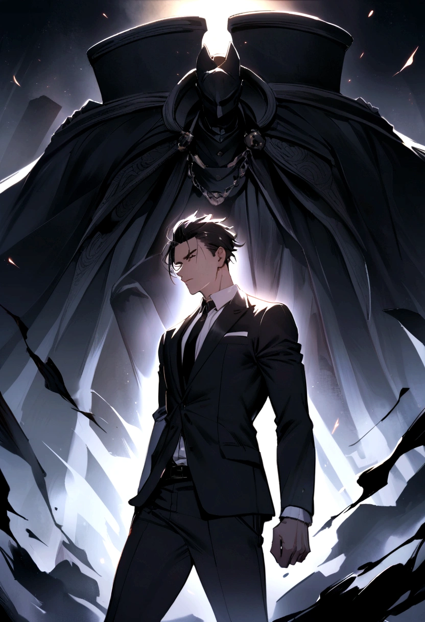 interesting, 27 year old athletic man, medium length black hair and suit, Boss Hugo