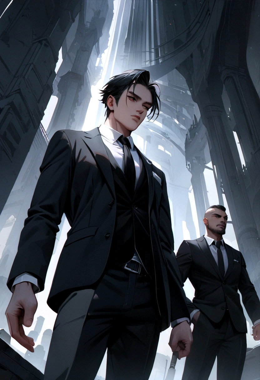 interesting, 27 year old athletic man, medium length black hair and suit, Boss Hugo