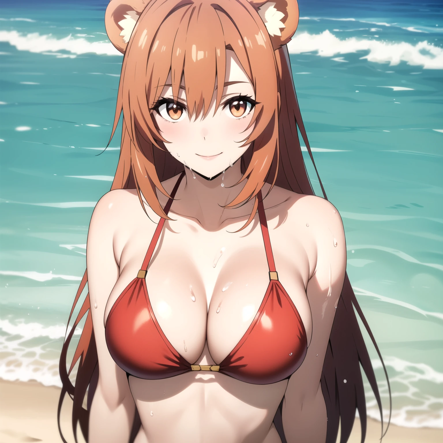 Asuna Yuuki woman 25 years old , straight orange hair, bear ears, Hazel eyes,  SMILE, red bikini, background a beach. Red hair, Red hair. drops of water on his chest, WET BODY. whole body, background a beach.