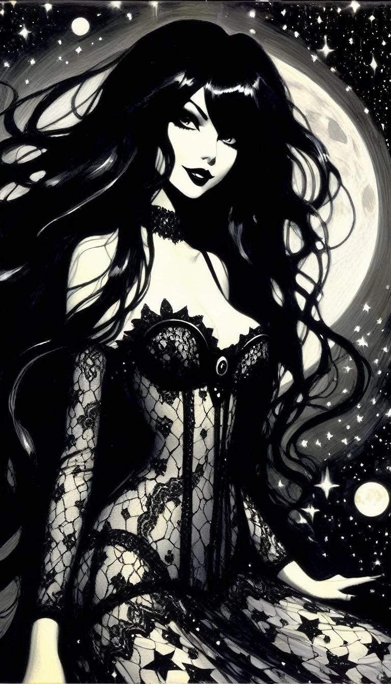 magical girl, very long black hair, very sexy lace dress, naked sinister forest, magic, fantastic, night sky, moons, stars, background, nsfw, face full week, week in face, week in body, all week full, smile, (art inspired by Bill Sienkiewicz). oil painting) black and white image