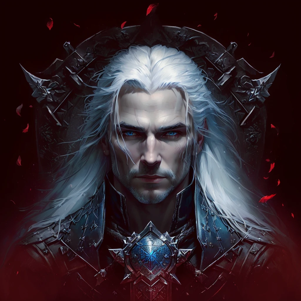 a close up of a person with white hair and blue eyes, witcher)), portrait of geralt of rivia, geralt of rivia, the witcher, witcher, fantasy male portrait, geralt, detailed matte fantasy portrait, the witcher concept art, dark fantasy portrait, alucard, mario as the witcher, male vampire of clan banu haqim