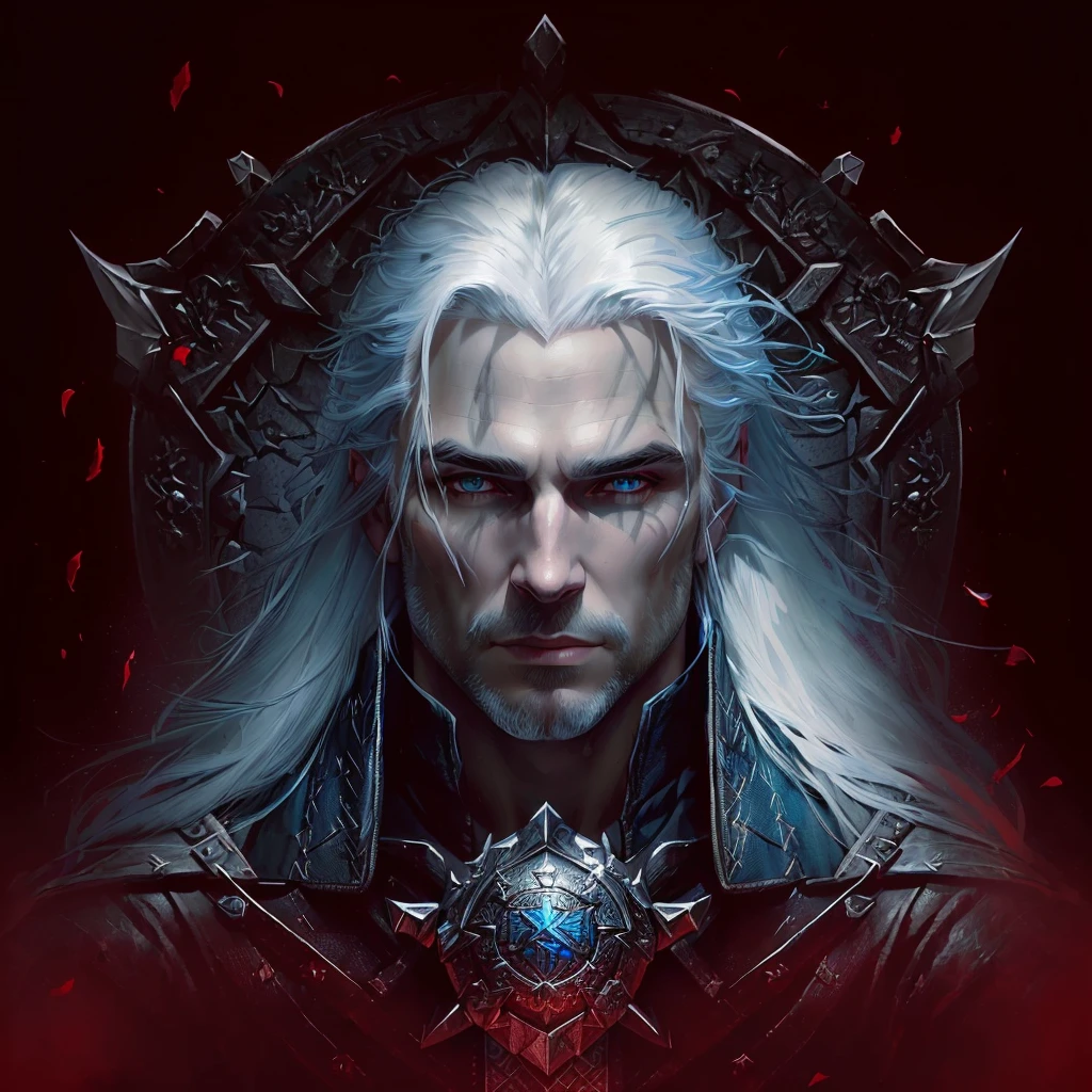 a close up of a person with white hair and blue eyes, witcher)), portrait of geralt of rivia, geralt of rivia, the witcher, witcher, fantasy male portrait, geralt, detailed matte fantasy portrait, the witcher concept art, dark fantasy portrait, alucard, mario as the witcher, male vampire of clan banu haqim