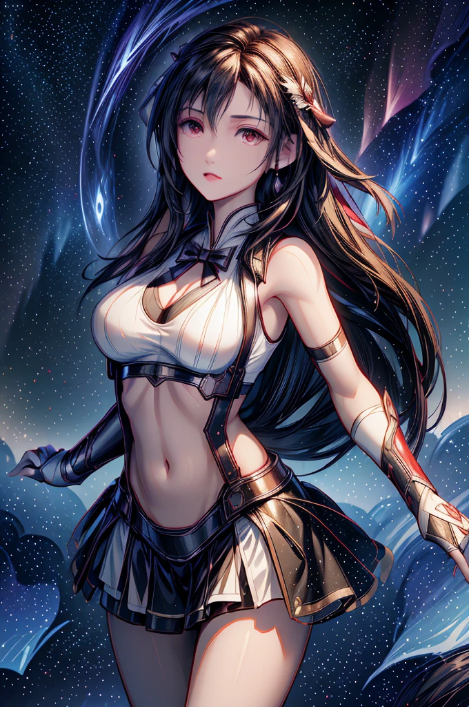 (8K HDR photorealistic pic), Tifa Lockhart, muscular, athletic, cheerful, toned body, (massive breasts), hourglass figure, fighter, long dark hair tied with ribbon at the end, ((Aerith costume)), realistic, seductive, red eyes, soft shadows, (masterpiece), Starry Sky with Mountains and Lake, Jessica Rossier, Inspired by Jessica Rossier, Jessica Rossier Fantasy Art, Concept Art Magic Highlights, Official Artwork, Dream Painting, Ethereal Realm, Atmospheric artwork, dreamy matte paintings, serene endless stars inspired by Ted Nasmith, moonlit starry environments, epic music album covers.