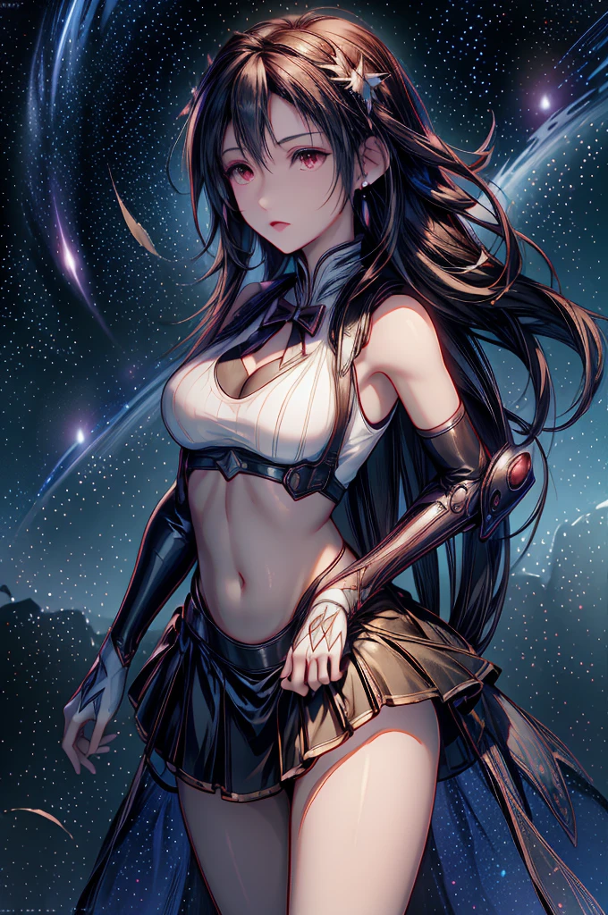 (8K HDR photorealistic pic), Tifa Lockhart, muscular, athletic, cheerful, toned body, (massive breasts), hourglass figure, fighter, long dark hair tied with ribbon at the end, ((Aerith costume)), realistic, seductive, red eyes, soft shadows, (masterpiece), Starry Sky with Mountains and Lake, Jessica Rossier, Inspired by Jessica Rossier, Jessica Rossier Fantasy Art, Concept Art Magic Highlights, Official Artwork, Dream Painting, Ethereal Realm, Atmospheric artwork, dreamy matte paintings, serene endless stars inspired by Ted Nasmith, moonlit starry environments, epic music album covers.
