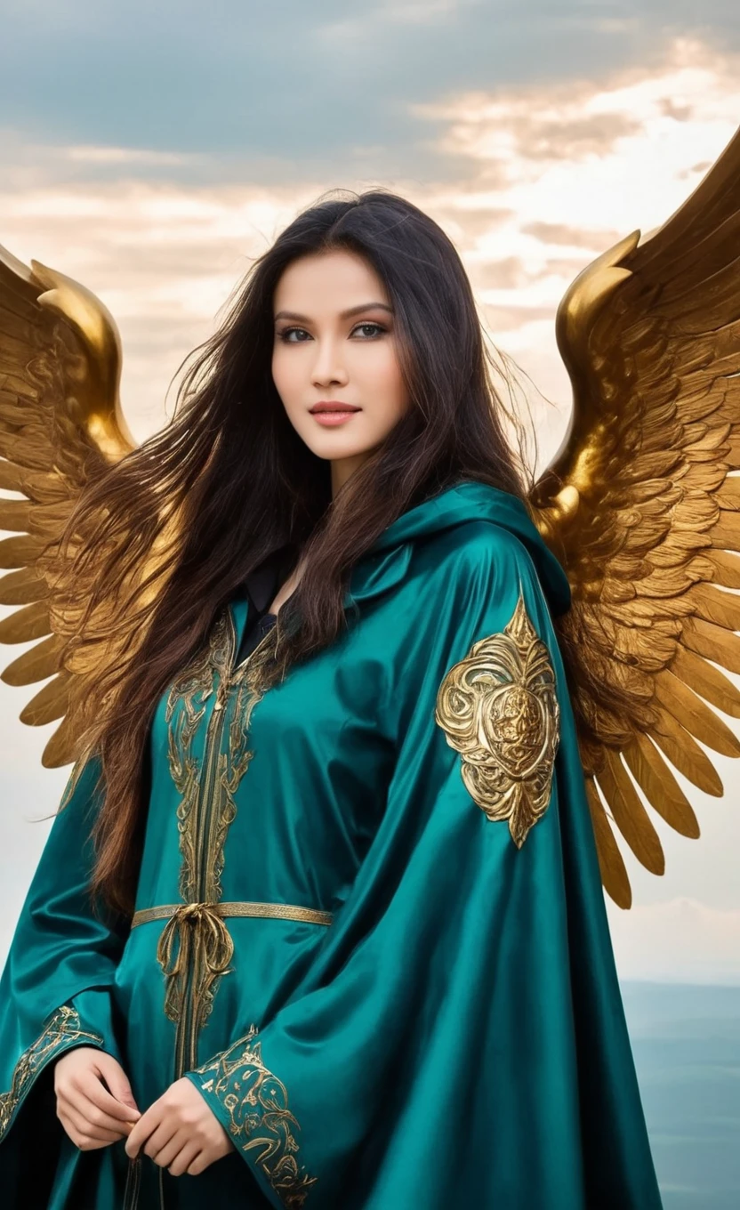 nanx, An angel wearing clothes in the petrol color, cloudy sky, new, mantea, hooded cloak, lighting sun, Golden armor and petrol color, magnificent, comely, magica, heavenly, long hair, picture frame.