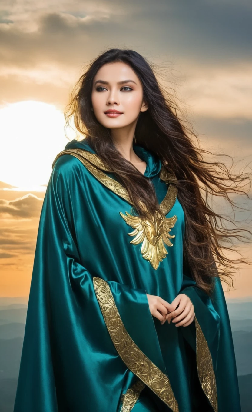 nanx, An angel wearing clothes in the petrol color, cloudy sky, new, mantea, hooded cloak, lighting sun, Golden armor and petrol color, magnificent, comely, magica, heavenly, long hair, picture frame.