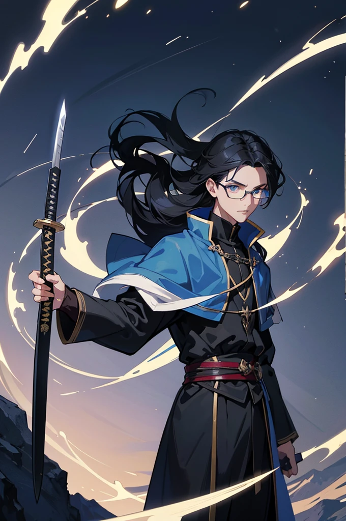 a man with glasses, long black hair wizard, dark blue eyes, wear blue and black wizard clothes, young magician, adventurous, use a katana sword, Intellectual, cold personality, medieval city background, estilo anime isekai