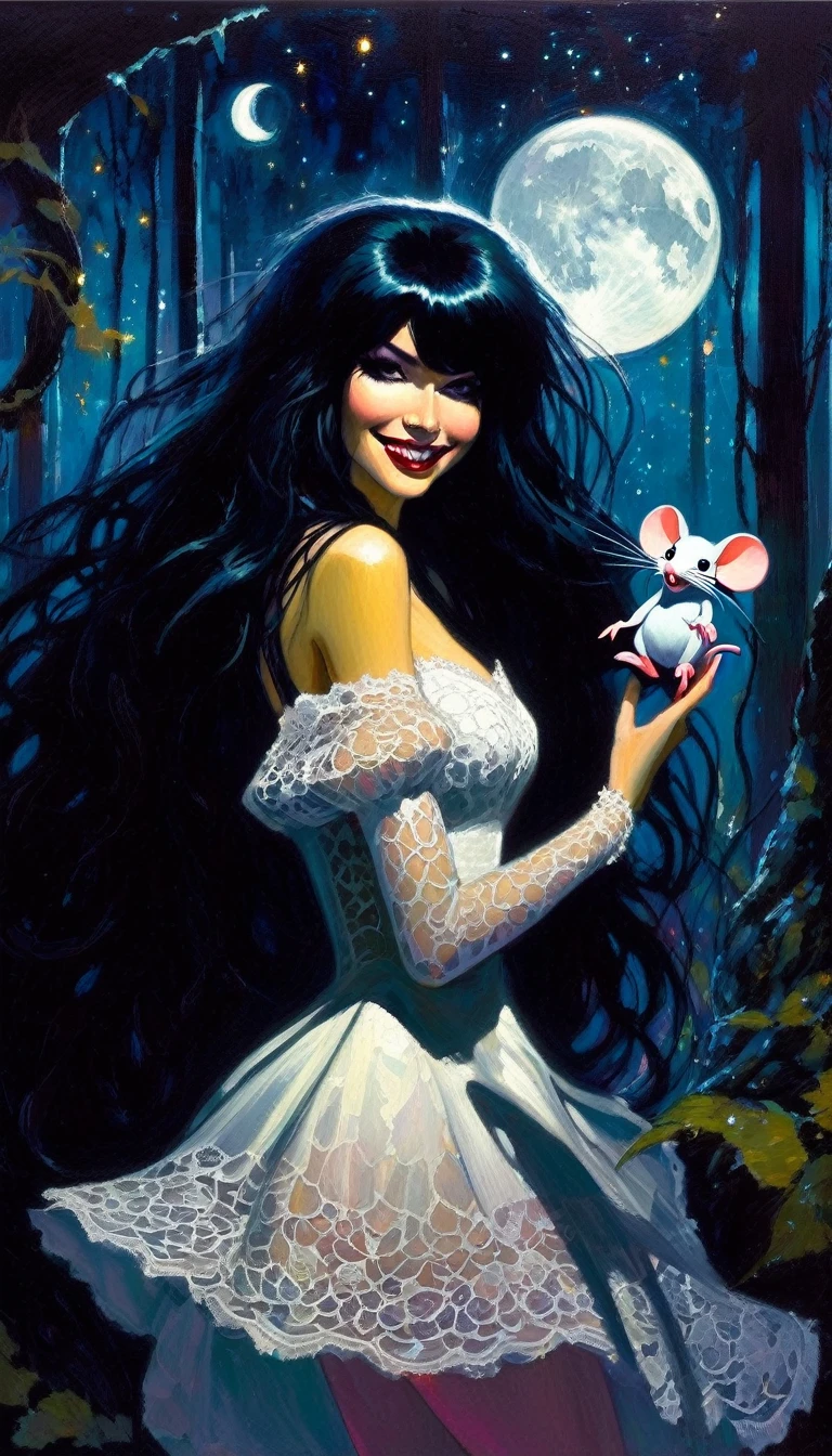 magical girl and her pet mouse, very long black hair, very sexy lace dress, naked sinister forest, magic, fantastic, night sky, moons, stars, background, nsfw, face full week, week in face, week in body, all week full, smile, (art inspired by Bill Sienkiewicz). oil painting)