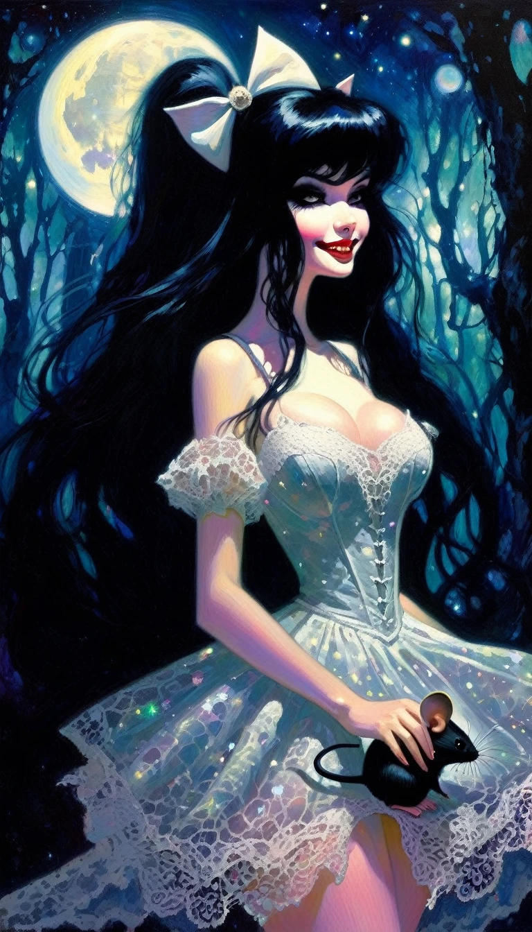 magical girl and her pet mouse, very long black hair, very sexy lace dress, naked sinister forest, magic, fantastic, night sky, moons, stars, background, nsfw, face full week, week in face, week in body, all week full, smile, (art inspired by Bill Sienkiewicz). oil painting)