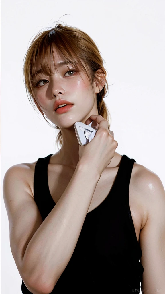 8K, Best Quality, Masterpiece, Ultra High Resolution, (Realism: 1.4), Original Photo, (Realistic Skin Texture: 1.3), (Film Grain: 1.3), (Selfie Angle), 1 Girl, Beautiful Eyes and Face Details, Masterpiece, Best Quality, Close-up, Upper Body, Looking at the Viewer