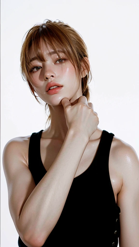 8K, Best Quality, Masterpiece, Ultra High Resolution, (Realism: 1.4), Original Photo, (Realistic Skin Texture: 1.3), (Film Grain: 1.3), (Selfie Angle), 1 Girl, Beautiful Eyes and Face Details, Masterpiece, Best Quality, Close-up, Upper Body, Looking at the Viewer