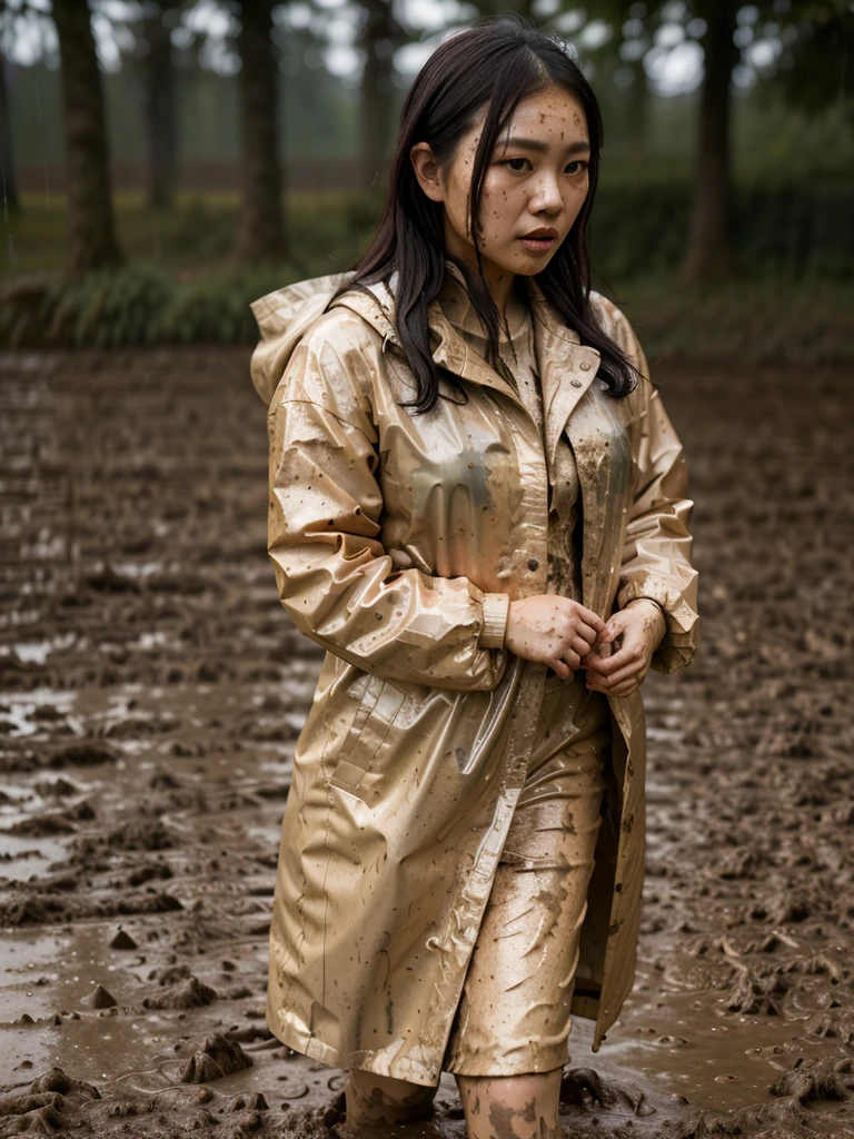 a beautiful young asian woman wearing a pink buttoned raincoat, her clothes and raincoat covered in mud, walking through a muddy field, (best quality,4k,8k,highres,masterpiece:1.2),ultra-detailed,(realistic,photorealistic,photo-realistic:1.37),HDR,UHD,studio lighting,ultra-fine painting,sharp focus,physically-based rendering,extreme detail description,professional,vivid colors,bokeh,portrait,realistic,photographic,natural lighting,muddy environment,rainy day