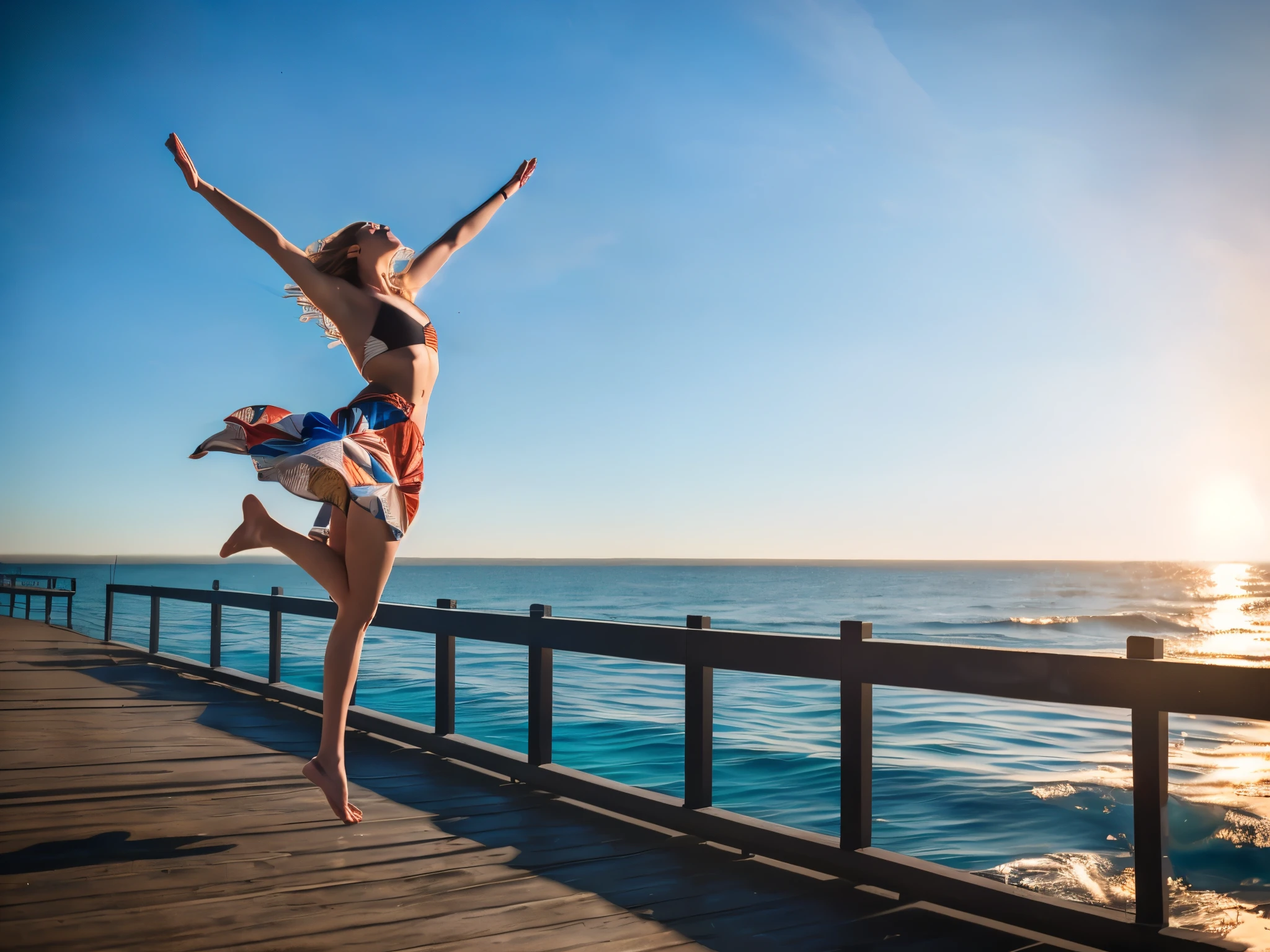 araffe woman standing on a pier with her arms outstretched in the air, girl dancing on cliff, leaping with arms up, beautiful view, jumping for joy, beautiful views, leaping into the air, dancing on the beach, karolina cummings, stunning visual, beautiful daylight, artistic interpretation, by Niko Henrichon, in a jumping float pose