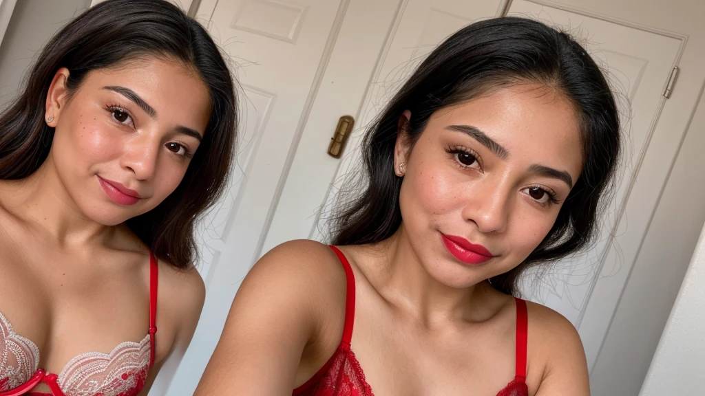 (circa 2020) adorable latina (high detail face) taking a selfie in her lacey red bra